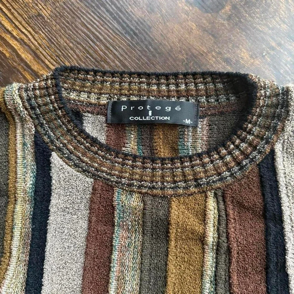 Men's Textured Stripe Crewneck Sweater Size M Brown Earth Tone Coogi Style
